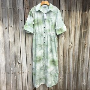 NWT Ganni Tie Dye Print Midi Shirt Dress Organic Cotton Kelly Green 40